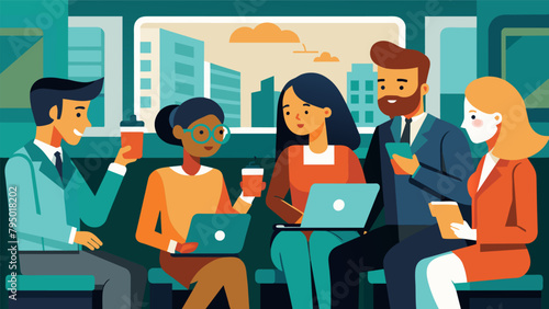 A group of coworkers discussing work projects on their commute home utilizing the time to have productive discussions without distractions.