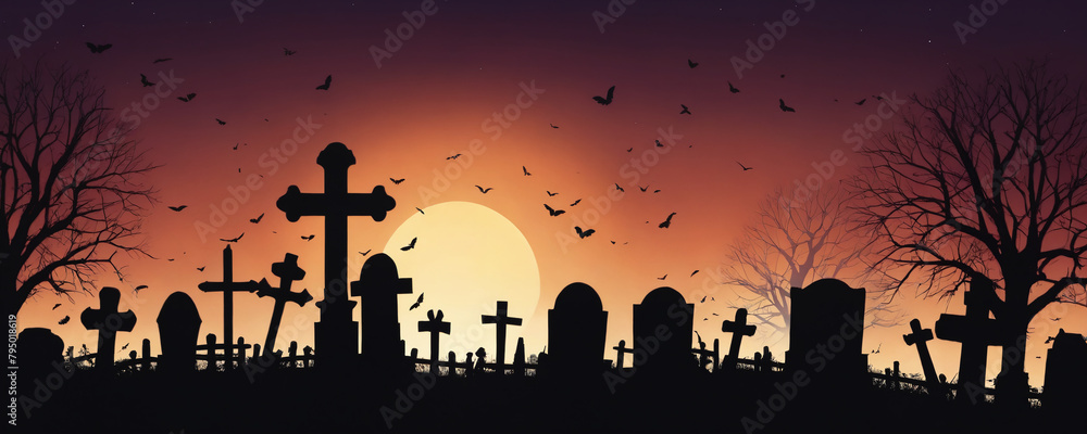 A night cemetery with bats flying in the sky creating an spooky atmosphere. Halloween silhouette background.