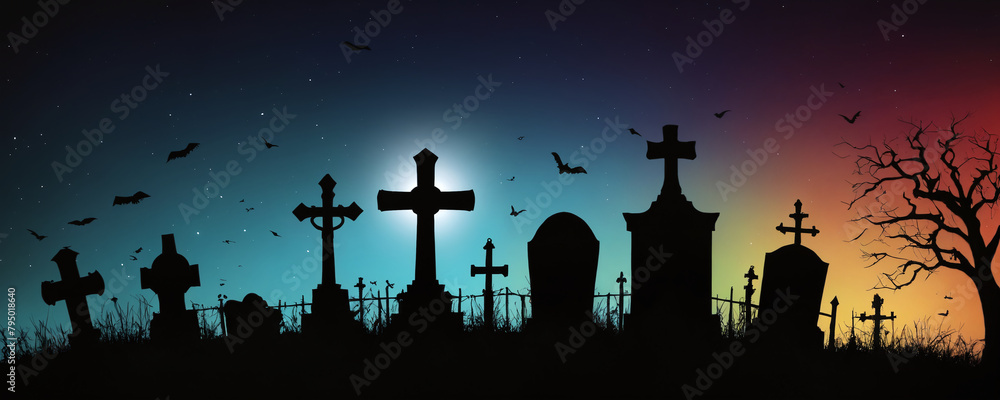 A night cemetery with bats flying in the sky creating an spooky atmosphere. Halloween silhouette background.