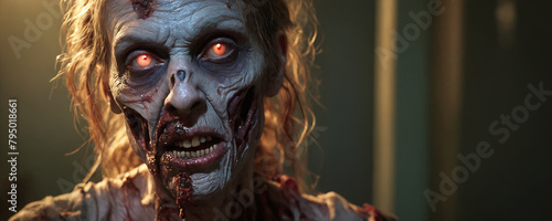A zombie woman with a chilling expression with blood smeared on her face, creating an ominous and disturbing atmosphere. Close-up. photo