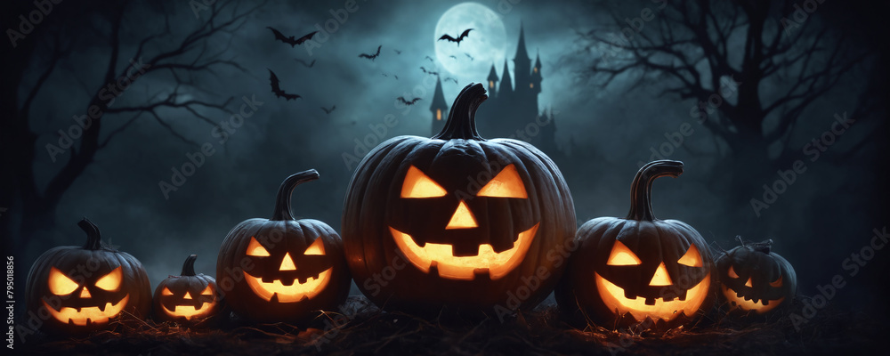 Fototapeta premium A group of elaborately carved pumpkins are in front of an eerie majestic castle, moon, and bats. Halloween theme.