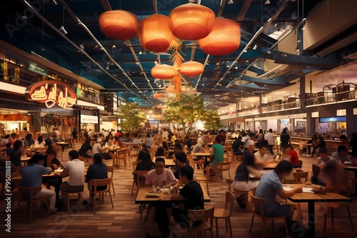 A vibrant food court in a mall with various cuisines, tables filled with people, and lively chatter.