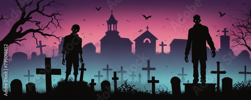 Two zombies stand against the backdrop of a cemetery. The cemetery is dotted with tombstones and surrounded by trees, creating an eerie atmosphere. Bats are flying. Halloween silhouette background. photo