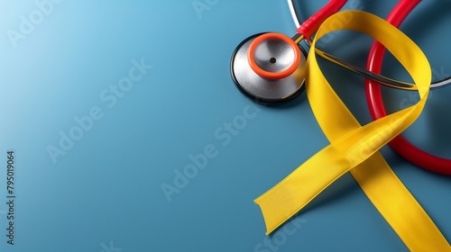 Red and yellow ribbon with stethoscope isolated on blue background. Awareness ribbon support World Hepatitis Day photo