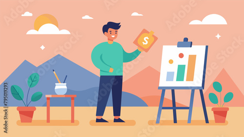 A freelance artist displaying their work at a gallery exhibit showcasing their financial success through their passion.
