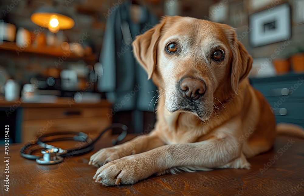 Yellow Labrador resting on table in upscale pet clinic office, epitome of modern luxury