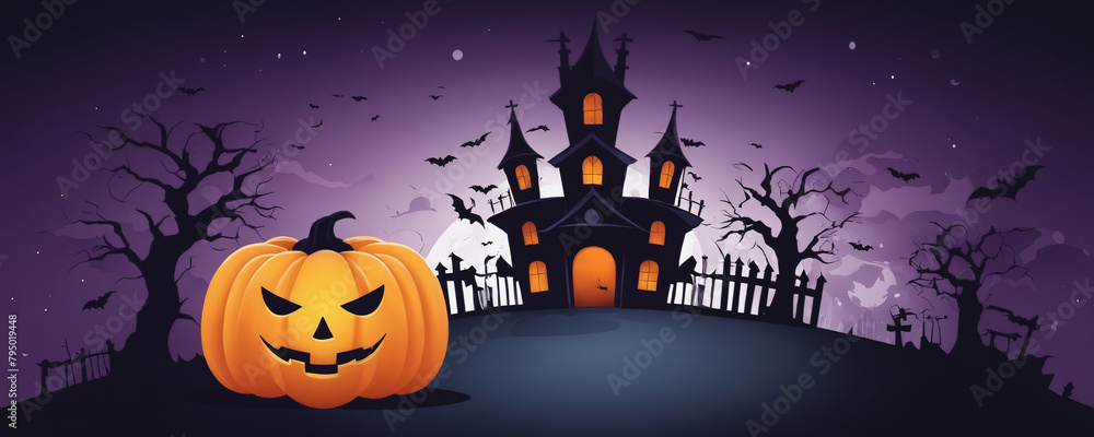 A pumpkin is depicted in the foreground, while a house and moon rise in the background. Dark background. Halloween theme.