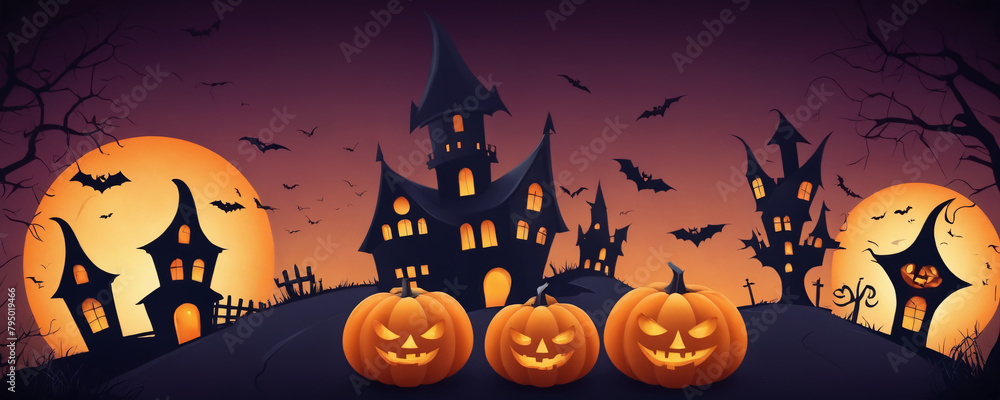 A group of pumpkins of different sizes and shapes perched on top of a hilltop background of houses, bats. Halloween theme.