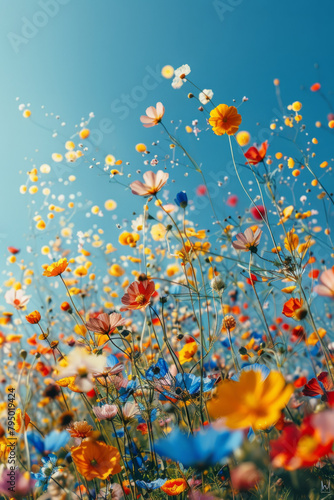 Vibrant and colorful meadow flowers exploding against clear blue sky in a beautiful spring abstract background. © ChubbyCat