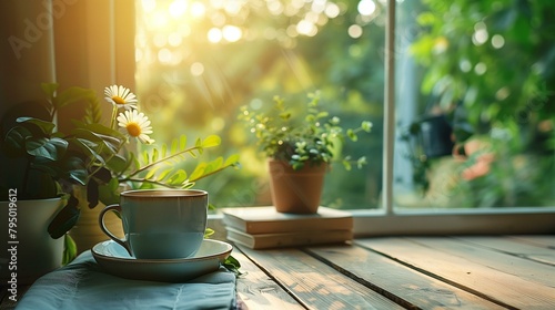 Slow living concept, relaxed and intentional, cup of coffee and plant on table in front of window, summer coffee cup relaxation green color lifestyle photo