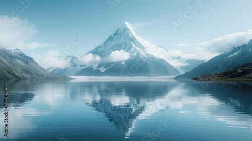 A breathtaking image of a snow-capped mountain peak reflected in a crystal-clear lake, surrounded by untouched wilderness.