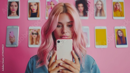Influencer culture concept, woman with pink hair and smartphone, holding wireless technology text messaging young woman internet