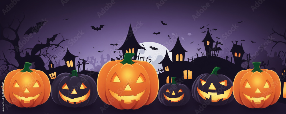 A group of pumpkins is shown in the foreground, and a large white moon, houses and bats are shown in the background. The pumpkins are of different sizes. Halloween theme.