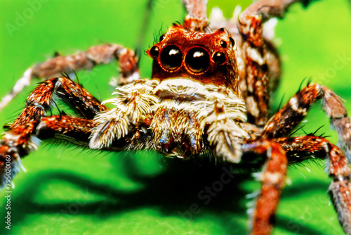 A detailed close-up of a Portia labiata, showcasing its intricate patterns and colors. The spider's eyes are prominently displayed, capturing attention. Wulai District, New Taipei City.