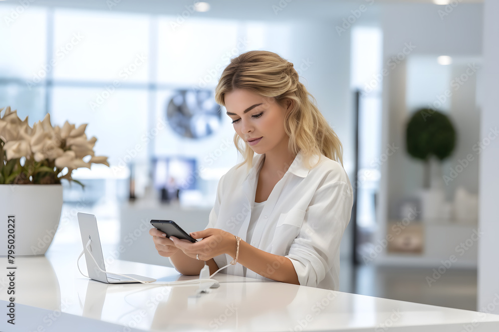 Female shopkeeper checking mobile phone at counter Female shopkeeper checking mobile phone at counter