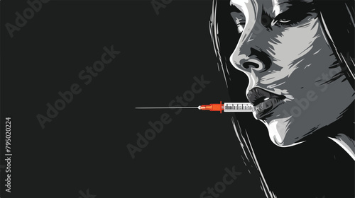 Female drug addict with syringe on black background