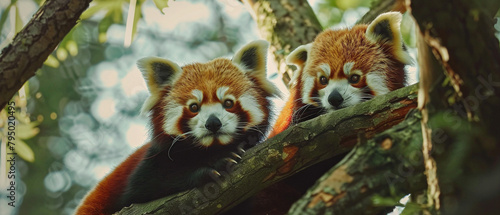 Two cute red pandas playfully climbing and jumping in the treetops surrounded by lush greenery. photo