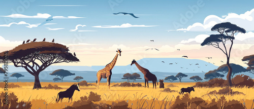 Vibrant African savannah landscape with diverse wildlife roaming freely  captured in a photography style.