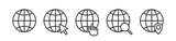 Globe mouse, hand click icon. Web search vector. Map pin global. Computer website.