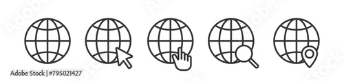 Globe mouse, hand click icon. Web search vector. Map pin global. Computer website.