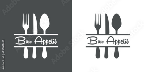 Logo restaurante. Banner con texto manuscrito Bon Appetit sobre silueta de cubertería