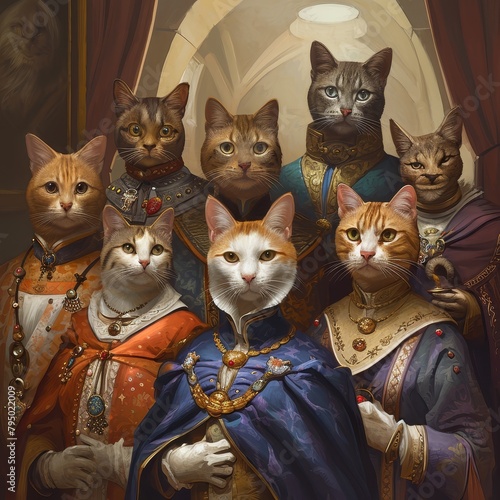 diverse assembly of feline ambassadors engaged in interstellar diplomacy. The composition, reminiscent of classic Renaissance group portraits, showcases the race's diplomatic prowess. 