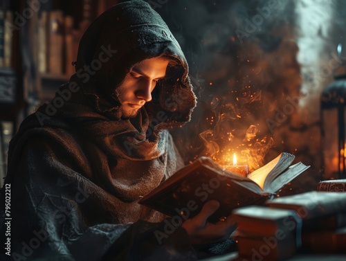 A man in robe and hood reading magical book, wizard. A Keen Sense of Spell photo