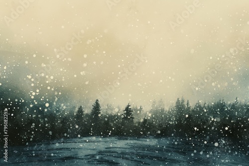 A landscape shrouded in vexing snow, with subtle hints of distant trees barely visible through the falling flakes. photo