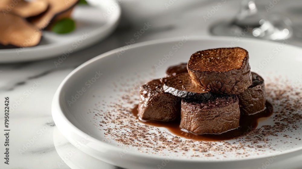 luxurious truffle-infused dish served on fine china in an upscale restaurant. The presentation exudes sophistication, with the truffle slices arranged meticulously to enhance both visual appeal luxurious truffle-infused dish served on fine china in an upscale restaurant. The presentation exudes sophistication, with the truffle slices arranged meticulously to enhance both visual appeal