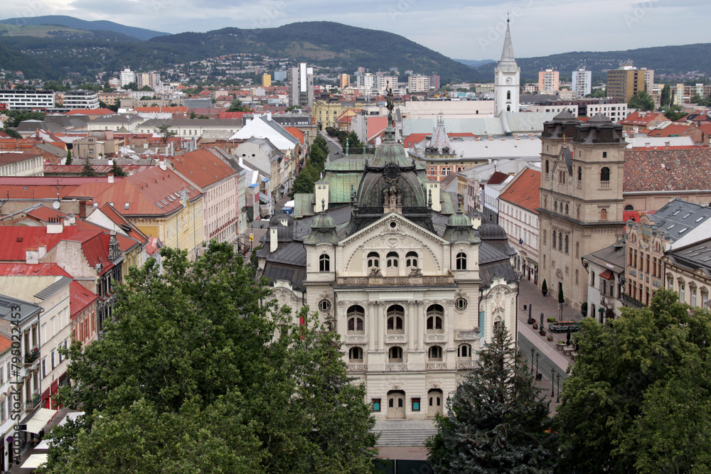 Aerial view of the city's central street with the theater building in the foreground in the city of Kosice, Slovakia