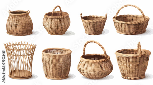 Set of stylish rattan baskets on white background vector