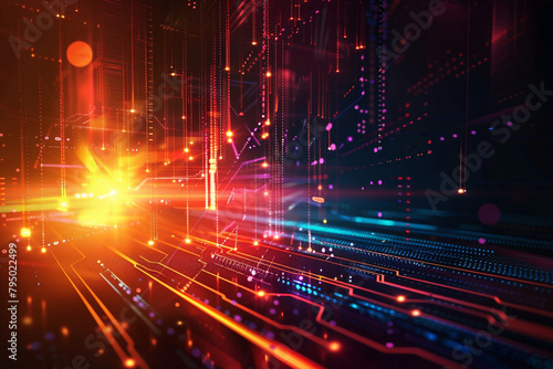 Digital technology abstract background with blurred lights and moving lights, in the style of precisionist line, 3D network connections with plexus design background Color theme red 