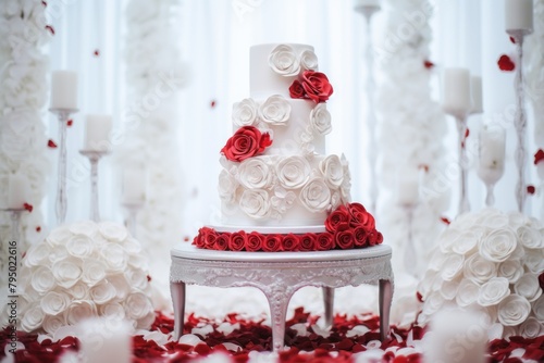 Wedding cake decorated with red roses on a white background.