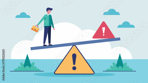 A person standing on a seesaw with a risk sign on one side and a reward sign on the other showing the need for careful consideration and