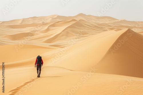 A lone traveler traversing a scorching desert landscape, mirage-like heatwaves distorting the horizon. The person weary expression and parched appearance emphasize the desperate need for hydration photo