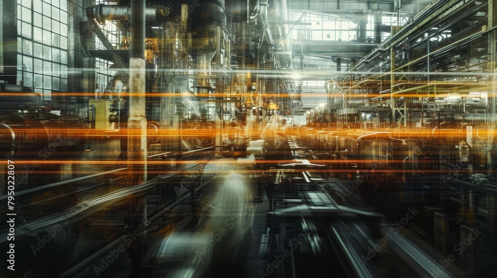 A long-exposure shot of factory workers expertly operating machinery, their movements creating a mesmerizing dance of efficiency. The image blends the dynamics of industrial operation