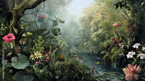 A lush, diverse ecosystem teeming with flora and fauna, emphasizing the delicate balance of nature. The image takes inspiration from the intricate and detailed natural illustrations found in botanical © Oskar Reschke