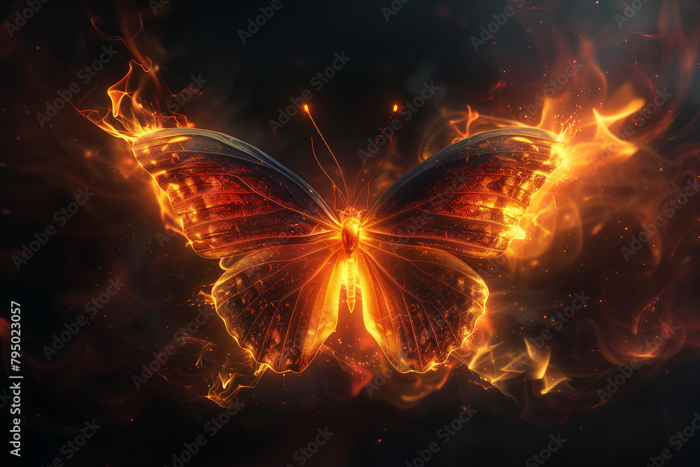 Butterfly on fire on black background, 3D creative, illustration Butterfly on fire on black background, 3D creative, illustration