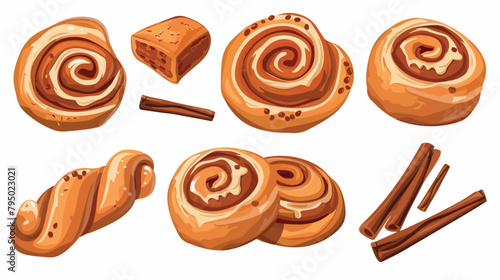 Set of sweet cinnamon buns isolated on white Vector illustration