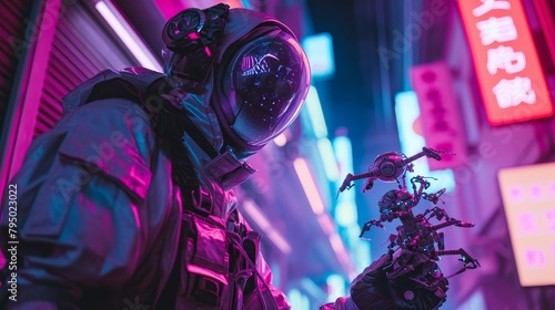 skilled exterminator in action, clad in a futuristic, insect-resistant suit, unleashing a swarm of robotic drones equipped with advanced technology to combat vermin. The scene is illuminated by neon photo