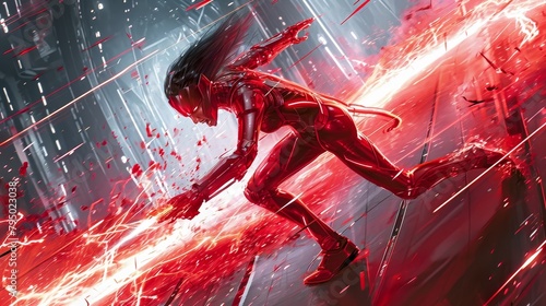 Scarlet Hero engaged in a fierce battle, surrounded by sizzling scarlet energy blasts. The hero's dynamic pose and flowing hair convey a sense of speed and agility. 