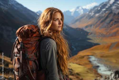 Woman travels in the mountains with a backpack.