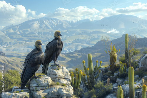 California condors perched on Mexican giant cardon cactus in the mountain range of Baja California in Mexico, 3D render, illustration photo