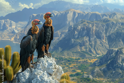 California condors perched on Mexican giant cardon cactus in the mountain range of Baja California in Mexico, 3D render, illustration photo