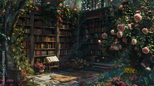 A quiet corner of a library garden  where readers immerse themselves in books amidst blooming flowers  their faces reflecting serenity and bliss