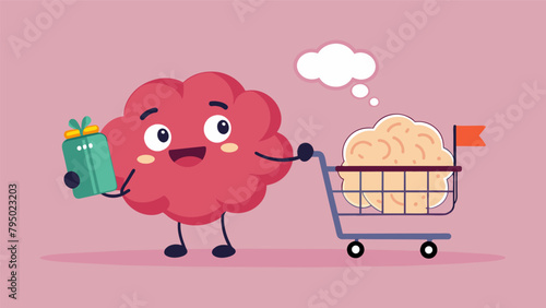 A cartoon brain with one side labeled emotion and the other logic struggling over a shopping cart filled with unnecessary items.