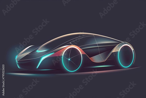 A digital painting of a futuristic car with a sleek design and glowing blue and orange lights.