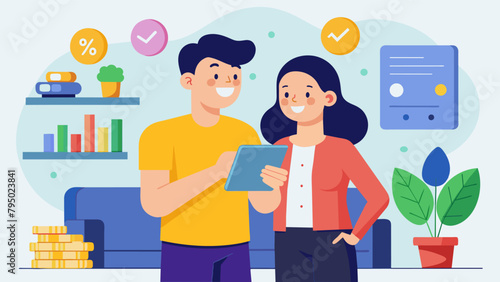 A young couple stands in their living room smiling as they review the progress theyve made towards their financial goals with the help of a