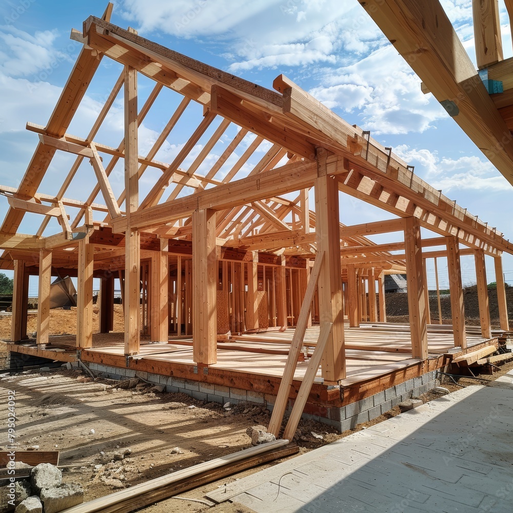 Wooden frame construction with truss, post, and beams in the process of manufacturing a new house Wooden frame construction with truss, post, and beams in the process of manufacturing a new house