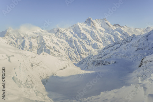 Landscape Views From Jungfrau Mountain Range And View Of The Large Aletsch Glacier Under Clear Sky, Switzerland